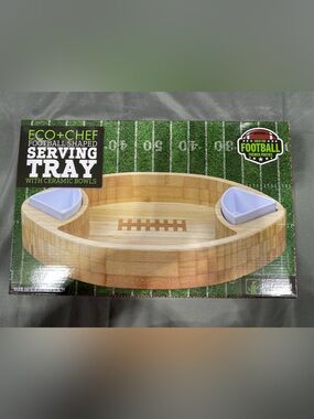 Football-Shaped Serving Tray with Ceramic Bowls
